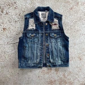 Kids Denim Vest Sz 7 Distressed Blue Sleeveless  Stars Stripes Biker Patriotic